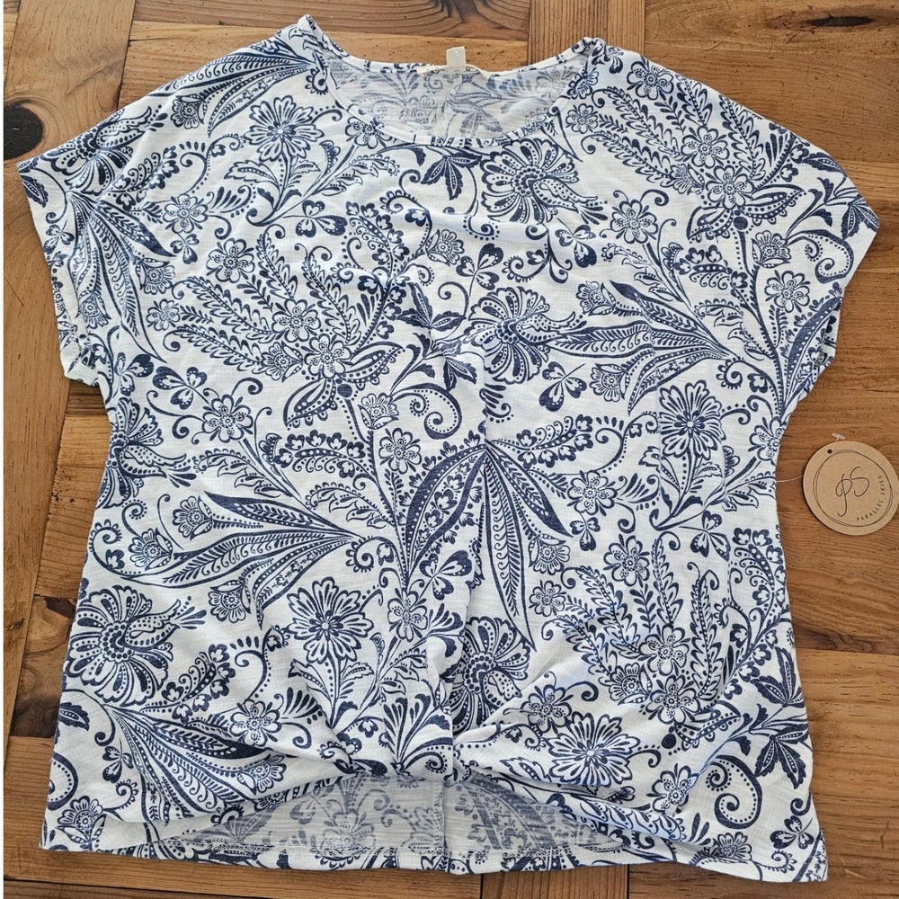 NEW MEDIUM Parallel Skies Blue White Paisley Floral Front Knot‎ Slub Knit Top